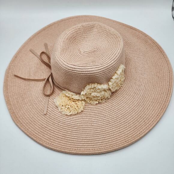 August Hat Company Wide Brim Floppy Hat Woven Floral Tie Detail Beach Tropical - Picture 1 of 16